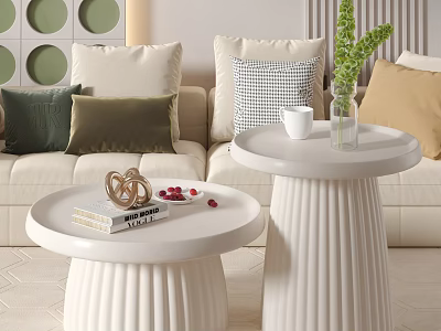 White Coffee Tables With Ribbed Bases Books Gold Decor Red Berries In Modern Living Room 3d model