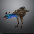 Feathered Fantasy Creature With Blue Neck Brown Feathers Horned Head Open Mouth Standing Pose