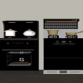 Modern Black Kitchen Cooking Appliances With Stove Oven Pots And LED Light