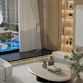 Modern TV Background Wall Design With Wood Panel Marble Accent Recessed Lighting And Decorative Shelves