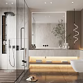 Modern Bathroom Interior With Glass Shower Large Mirror Marble Walls Wooden Accents And Green Plant