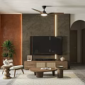 Modern Living Dining Room Interior With Beige Sofa Coffee Table TV Decorative Artwork And Plants