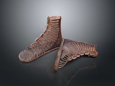 Brown Leather Boots With Woven Straps Vintage Laces And Handcrafted Thick Sole 3d model Brown Leather Boots With Woven Straps Vintage Laces And Handcrafted Thick Sole 3d model
