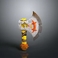 Fantasy Axe Weapon With Yellow Handle White Blade And Orange Decorative Accents