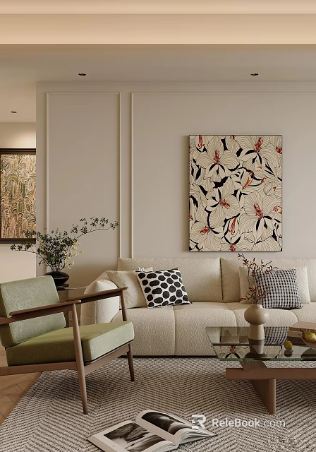 Stylish Living Room Interior With Beige Sofa Decorative Pillows Wall Painting Green Chair And Potted Plant 3d model 