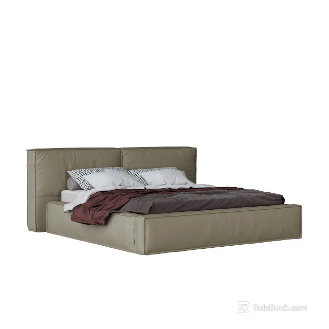Modern Double Bed With Gray Leather Headboard White Black Pillows And Brown Blanket 3d model 