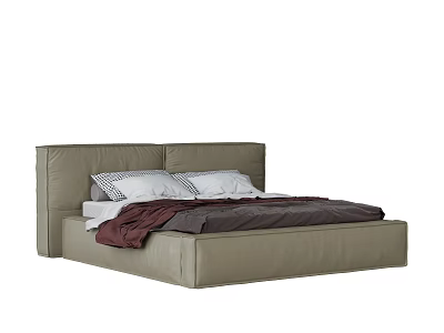 Modern Double Bed With Gray Leather Headboard White Black Pillows And Brown Blanket 3d model