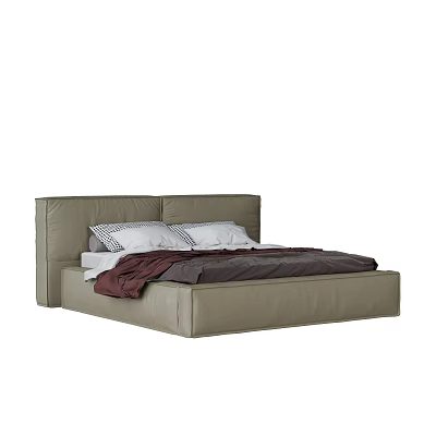 Modern Double Bed With Gray Leather Headboard White Black Pillows And Brown Blanket 3d model
