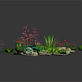 Various Garden Plants Including Succulents Red Flowers And Green Shrubs With Stones On White Base