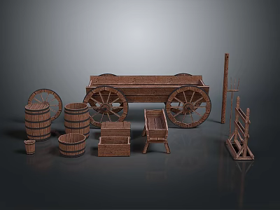 Vintage Wooden Equipment Collection Featuring Cart Barrels Boxes And Racks 3d model