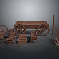 Vintage Wooden Equipment Collection Featuring Cart Barrels Boxes And Racks