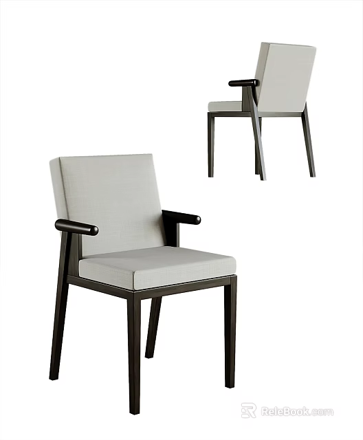 Modern Upholstered Dining Chair With Light Gray Cushion Black Armrests And Legs 3d model 