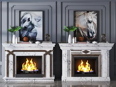 Elegant Marble Fireplace Design With Flames Horse Paintings Plants And Ornaments 3d model