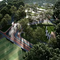 Park Landscape With Winding Pathways Lush Green Trees And Circular Plaza Area