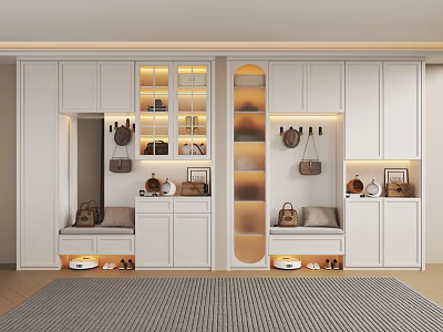 Modern White Shoe Cabinet With Storage Shelves Bag Hooks And Seating Bench 3d model