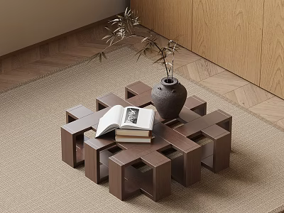 Wooden Cross Pattern Coffee Table With Open Book And Ceramic Vase On Carpet 3d model