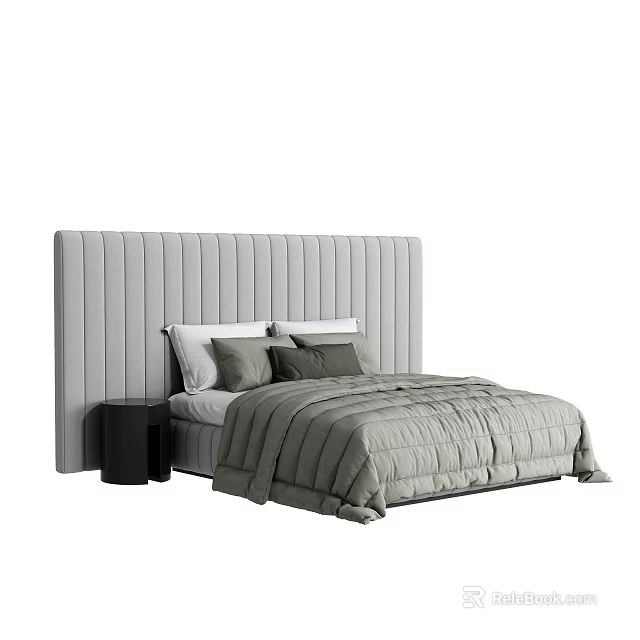 Gray Double Bed with Vertical Striped Headboard and Gray Quilt plus Side Nightstand 3d model