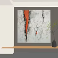 Abstract Painting with Red Vertical Strokes Black Lines and White Background Texture in Modern Interior