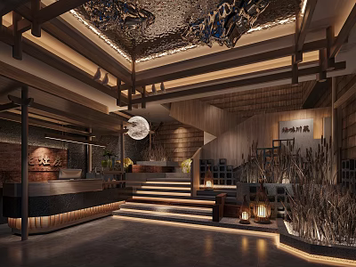 Modern Shop Front Desk Interior With Wooden Structure Black Reception Counter And Warm Lighting Staircase 3d model
