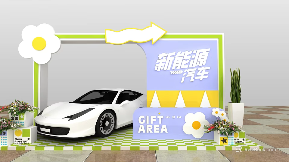 New Energy Vehicle White Sports Car Display at Gift Area with Decorative Flowers 3d model 