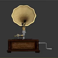 Classic Vintage Gramophone Design With Wooden Base Brass Horn Turntable And Crank Handle