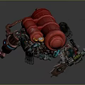 Biomechanical Character With Red Top Structures Holding Gear Weapon And Decorative Armor