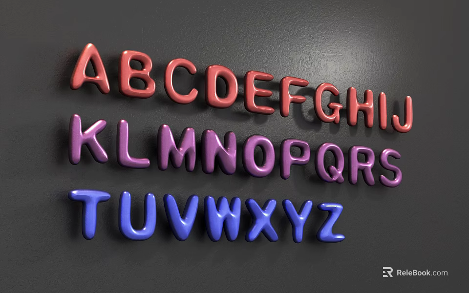 Vibrant 3D Alphabet Letters in Red Purple Blue Displayed on Dark Background 3d model 