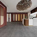 Spacious Exhibition Hall Showroom With Display Racks Wall Charts Chairs And Gray Tile Floor