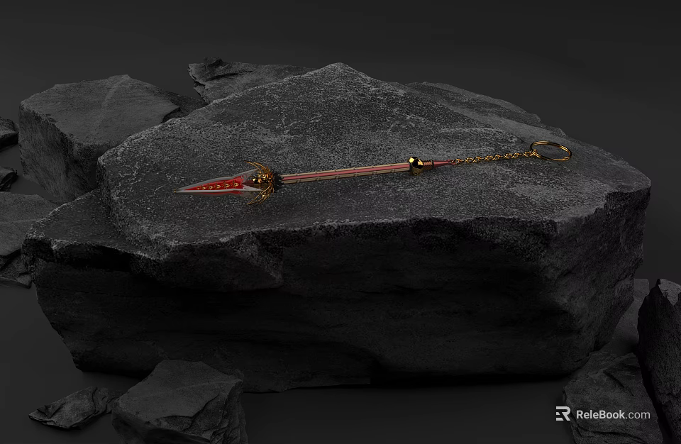 Sword Shaped Pendant With Red Blade And Golden Chain On Black Stone 3d model 