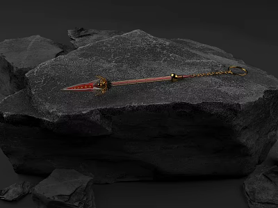 Sword Shaped Pendant With Red Blade And Golden Chain On Black Stone 3d model