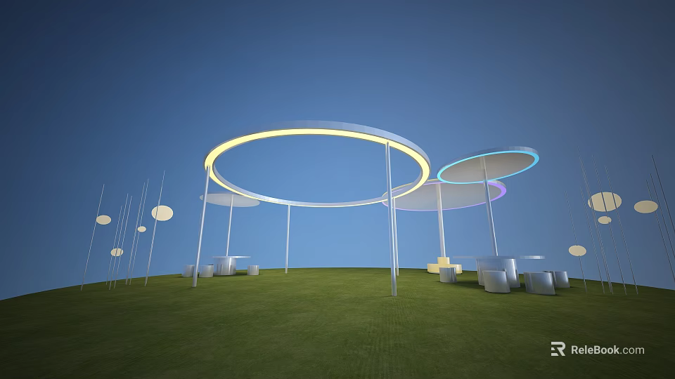 Modern Circular Structures With Illuminated Rings On Green Lawn With White Seating 3d model 