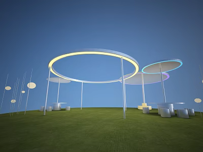 Modern Circular Structures With Illuminated Rings On Green Lawn With White Seating 3d model