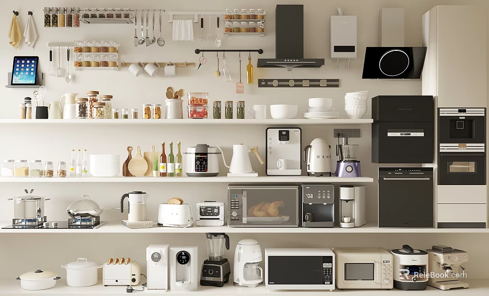 Modern Kitchen With Various Essential Appliances Coffee Maker Microwave Toaster And Blender 3d model 