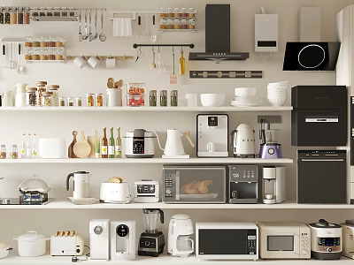 Modern Kitchen With Various Essential Appliances Coffee Maker Microwave Toaster And Blender 3d model