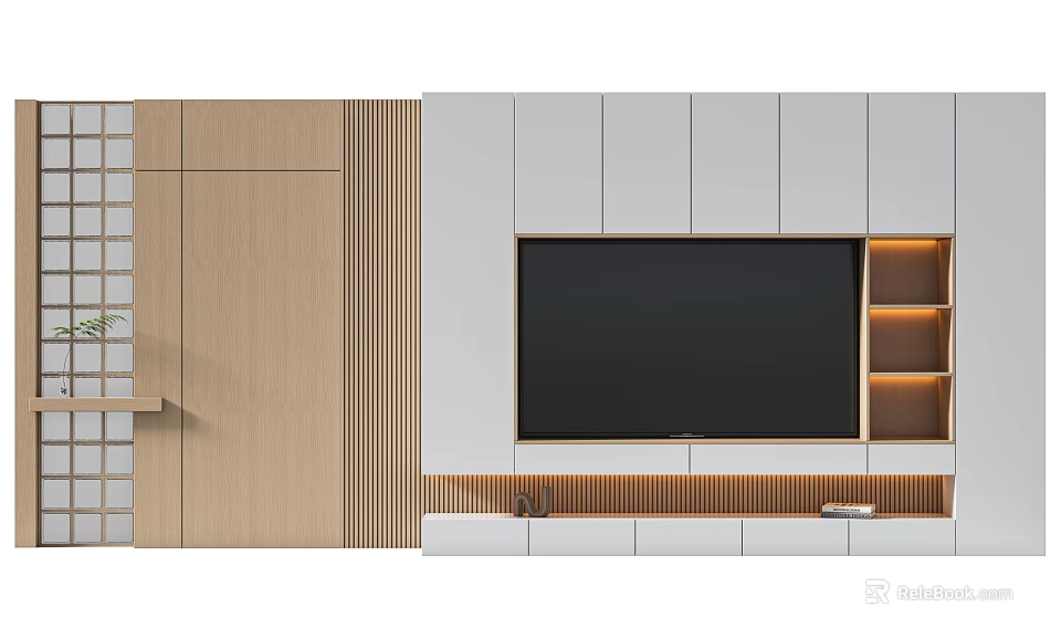 Modern TV Wall Interior Design With Wooden Panels White Cabinets and Storage Shelves 3d model 