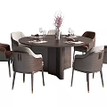 Modern Round Dining Table Set with Brown Light Gray Chairs Vase and Tableware 3d model