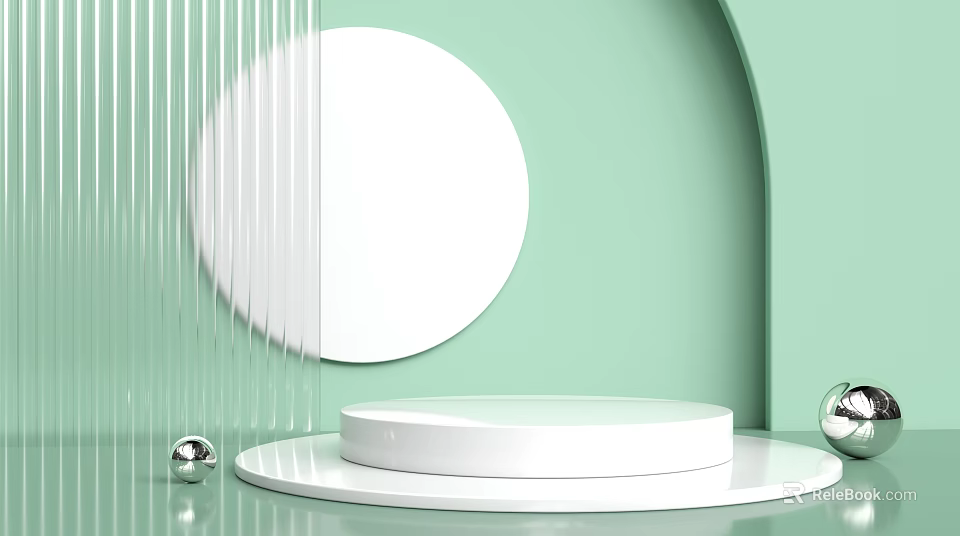 Modern Display Shelf Design With White Round Platform And Green Backdrop 3d model 