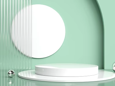 Modern Display Shelf Design With White Round Platform And Green Backdrop 3d model