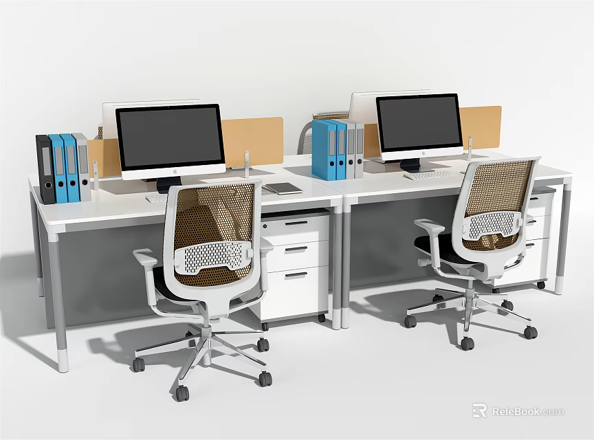 Modern Office Desks With Computer Monitors Blue Binders Brown Boxes And Mesh Chairs 3d model