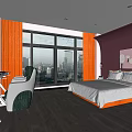 Hotel Room Interior With Comfortable Bed City View And Modern Workspace 3d model
