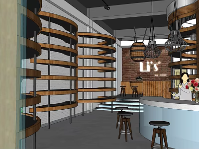 Li's Liquor Store Modern Interior With Circular Wooden Shelves Brick Wall And Hanging Lamps 3d model