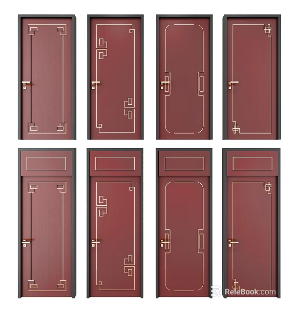 Red Swing Doors With Golden Chinese Style Patterns For Home Interior 3d model
