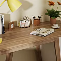 Light Wood Bookshelf with Books Potted Plant in Bright Study with Window Desk and Chair