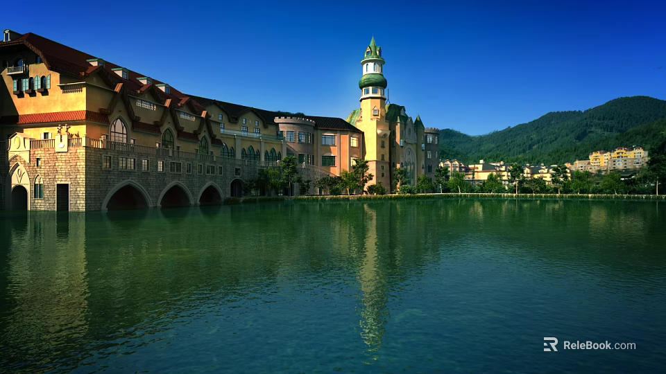 Scenic Garden Landscape With Serene Lake Clock Tower Mountain Backdrop And Lush Trees 3d model 