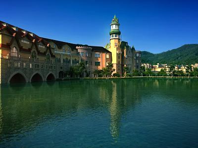 Scenic Garden Landscape With Serene Lake Clock Tower Mountain Backdrop And Lush Trees 3d model