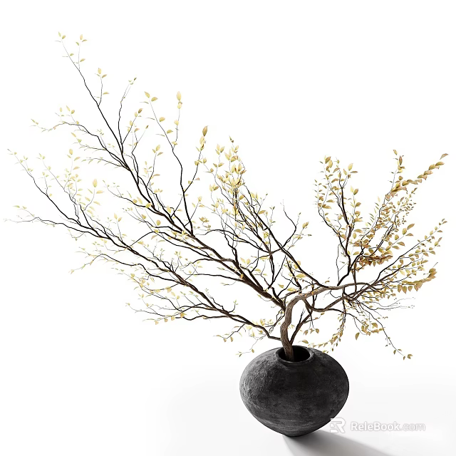 Black Ceramic Vase with Branches and Yellow Leaves on White Background Minimalist Decorative Arrangement 3d model 