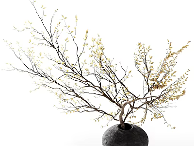 Black Ceramic Vase with Branches and Yellow Leaves on White Background Minimalist Decorative Arrangement 3d model