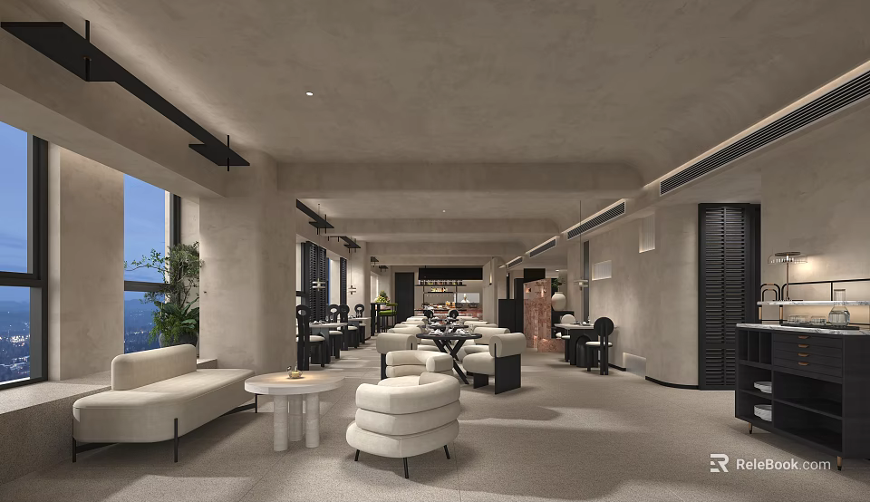 Modern Restaurant Interior Design With Open Layout Sofa Seating Large Windows And Green Plants 3d model 
