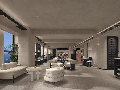 Modern Restaurant Interior Design With Open Layout Sofa Seating Large Windows And Green Plants 3d model
