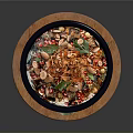 Colorful Mixed Dish with Chilies Peanuts in Black Bowl on Wooden Tray and Green Garnish